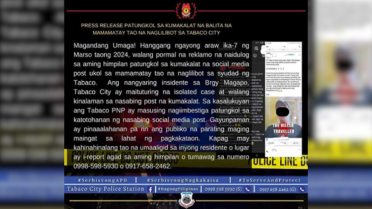 Gumagalang diumano’y mamamatay tao sa Tabaco City, pinangangambahan ng mga residente; Pulisya, itinuturing itong ‘tsismis’